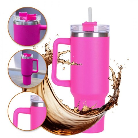 GROSSES THERMOBECHER MIT GRIFF und Strohhalm THERMOS 1L ROSA BECHER10