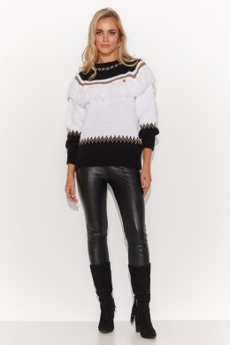 Sweter Damski Model S141 White/Black/Cappuccino - Makadamia - uniwersalny