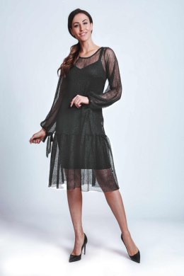 Kreszowana sukienka z długim bufiastym rękawem 1756 Black - Marselini - 38