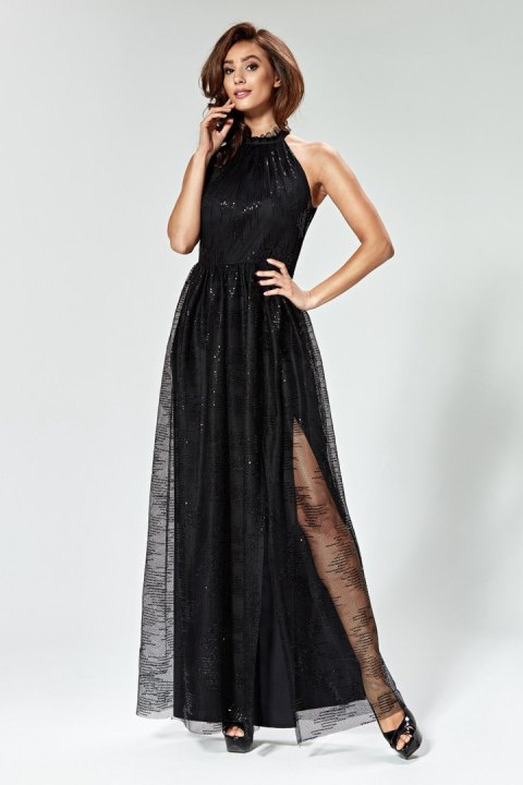 Sukienka Kreszowana sukienka maxi ze stójką 1761 Black - Marselini - 38 Sukienka Kreszowana sukienka maxi ze stójką 1761 Black - Marselini - 38