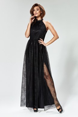 Sukienka maxi ze stójką z haftowanej siateczki 1812 Black - Marselini - 36