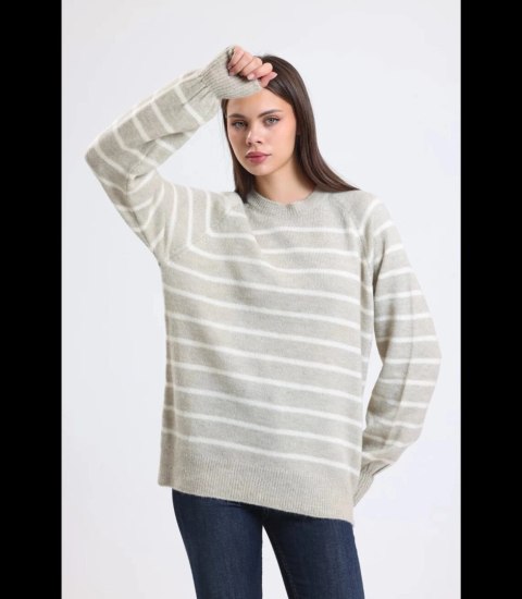 Ciepły damski sweter modny w paski ANNA (Ecru) Ciepły damski sweter modny w paski ANNA (Ecru)