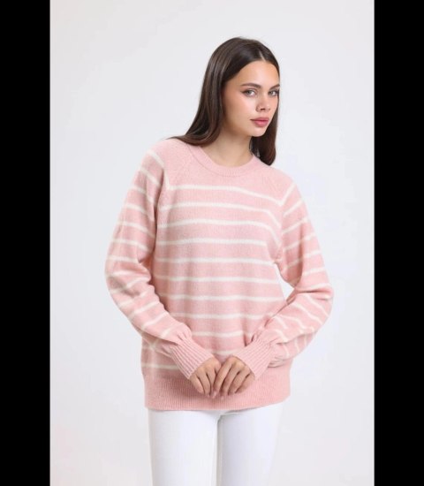 Ciepły damski sweter modny w paski ANNA (Różowy) Ciepły damski sweter modny w paski ANNA (Różowy)