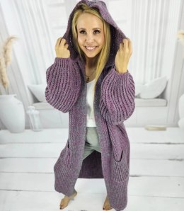 Długi ciepły kardigan sweter gruby splot VALERIA (Fioletowy)