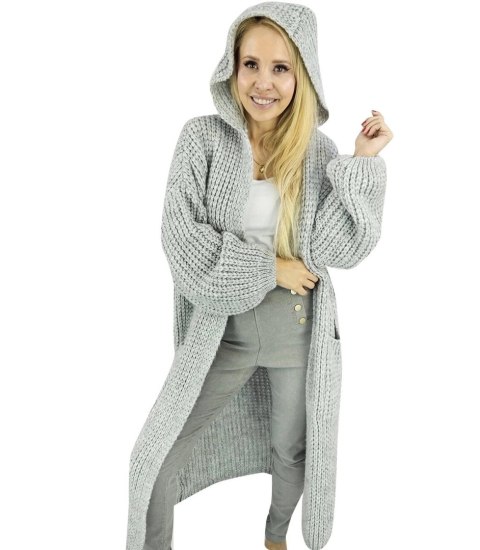 Długi ciepły kardigan sweter gruby splot VALERIA (Szary)