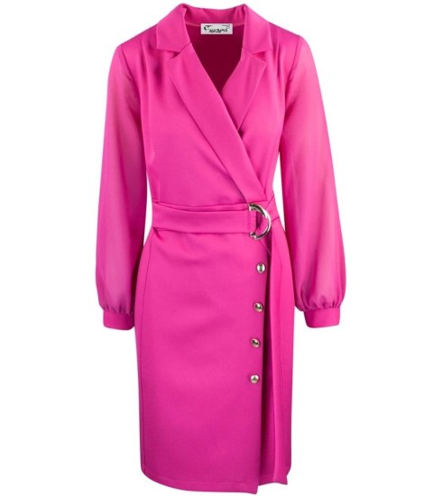 Elegancka sukienka o kroju marynarki Pasek w talii Złote guziki ARIEL (Różowy) Elegancka sukienka o kroju marynarki Pasek w talii Złote guziki ARIEL (Różowy)
