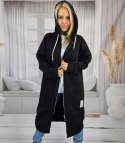 Długa damska bluza z kapturem Ciepły miły materiał Na suwak BETH (Czarny) Długa damska bluza z kapturem Ciepły miły materiał Na suwak BETH (Czarny)