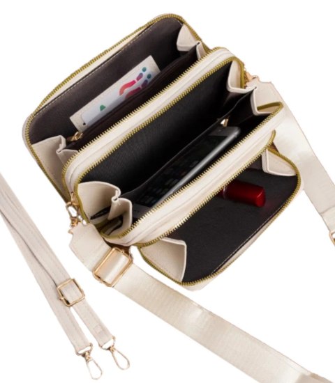 Elegancka mała prostokątna mini torebka kopertówka Stylowa 3 komory 2 paski (Ecru) Elegancka mała prostokątna mini torebka kopertówka Stylowa 3 komory 2 paski (Ecru)