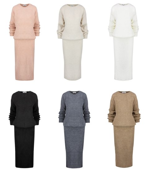 Dzianinowy komplet sweter + spódnica w jednolitym kolorze BELLA (Biały) Dzianinowy komplet sweter + spódnica w jednolitym kolorze BELLA (Biały)
