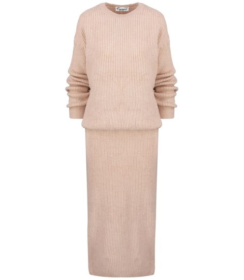 Dzianinowy komplet sweter + spódnica w jednolitym kolorze BELLA (Różowy)