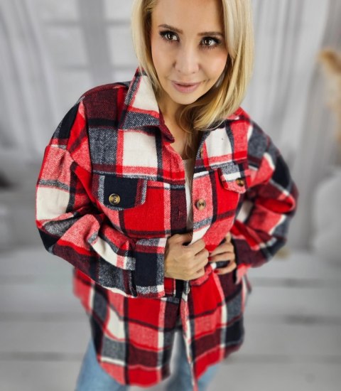 Luźna ciepła koszula damska w kratę kratkę Dłuższy tył CLARE (Czerwony) Luźna ciepła koszula damska w kratę kratkę Dłuższy tył CLARE (Czerwony)