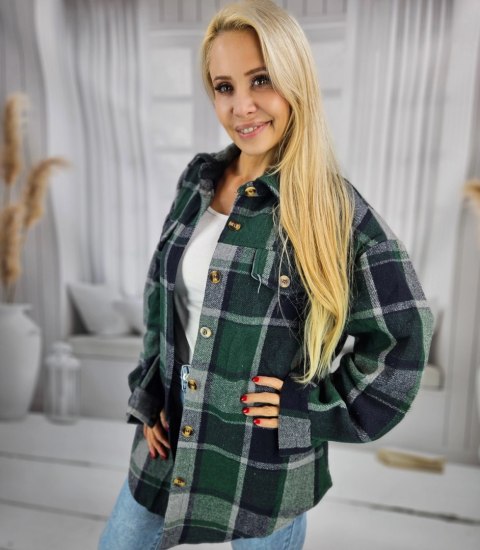 Luźna ciepła koszula damska w kratę kratkę Dłuższy tył CLARE (Zielony) Luźna ciepła koszula damska w kratę kratkę Dłuższy tył CLARE (Zielony)