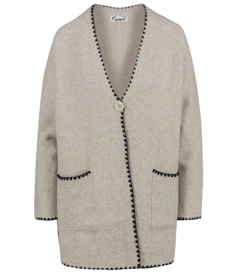 Stylowy kardigan sweter AZALIA zapinany na guzik ozdobne obszycie (Beżowy) Stylowy kardigan sweter AZALIA zapinany na guzik ozdobne obszycie (Beżowy)