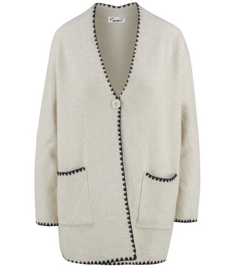 Stylowy kardigan sweter AZALIA zapinany na guzik ozdobne obszycie (Beżowy) Stylowy kardigan sweter AZALIA zapinany na guzik ozdobne obszycie (Beżowy)
