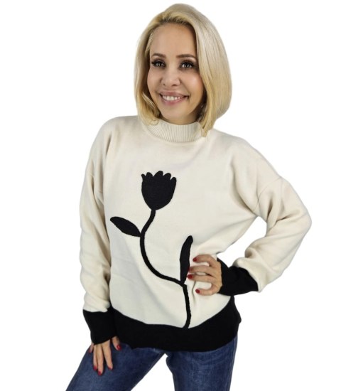 Sweter damski półgolf ciepły nadruk kwiatka jesień zima ROSELYN (Biały) Sweter damski półgolf ciepły nadruk kwiatka jesień zima ROSELYN (Biały)