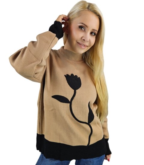 Sweter damski półgolf ciepły nadruk kwiatka jesień zima ROSELYN (Brązowy) Sweter damski półgolf ciepły nadruk kwiatka jesień zima ROSELYN (Brązowy)