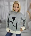Sweter damski półgolf ciepły nadruk kwiatka jesień zima ROSELYN (Szary) Sweter damski półgolf ciepły nadruk kwiatka jesień zima ROSELYN (Szary)