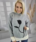 Sweter damski półgolf ciepły nadruk kwiatka jesień zima ROSELYN (Szary) Sweter damski półgolf ciepły nadruk kwiatka jesień zima ROSELYN (Szary)