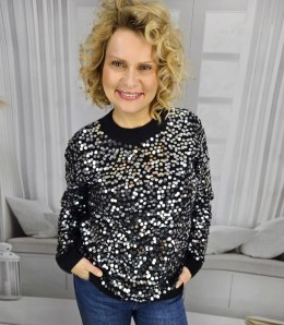 Ciepły damski sweter przód z dużymi cekinami modny ALEXIS (Czarny)