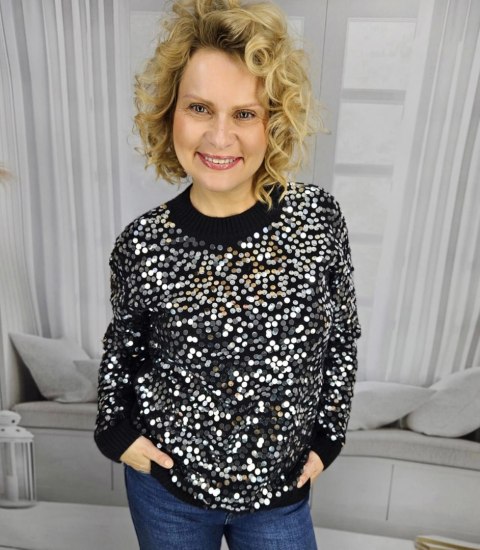 Ciepły damski sweter przód z dużymi cekinami modny ALEXIS (Czarny) Ciepły damski sweter przód z dużymi cekinami modny ALEXIS (Czarny)