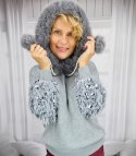 Ciepły sweter bluza z kapturem odpinanym futerkiem i piórami BOMBAY (Szary) Ciepły sweter bluza z kapturem odpinanym futerkiem i piórami BOMBAY (Szary)