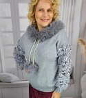 Ciepły sweter bluza z kapturem odpinanym futerkiem i piórami BOMBAY (Szary) Ciepły sweter bluza z kapturem odpinanym futerkiem i piórami BOMBAY (Szary)