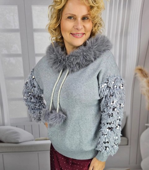 Ciepły sweter bluza z kapturem odpinanym futerkiem i piórami BOMBAY (Szary) Ciepły sweter bluza z kapturem odpinanym futerkiem i piórami BOMBAY (Szary)
