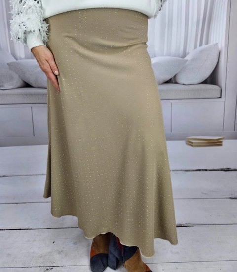 Długa elegancka satynowa spódnica z ozdobnymi kryształkami STAR (Beżowy) Długa elegancka satynowa spódnica z ozdobnymi kryształkami STAR (Beżowy)