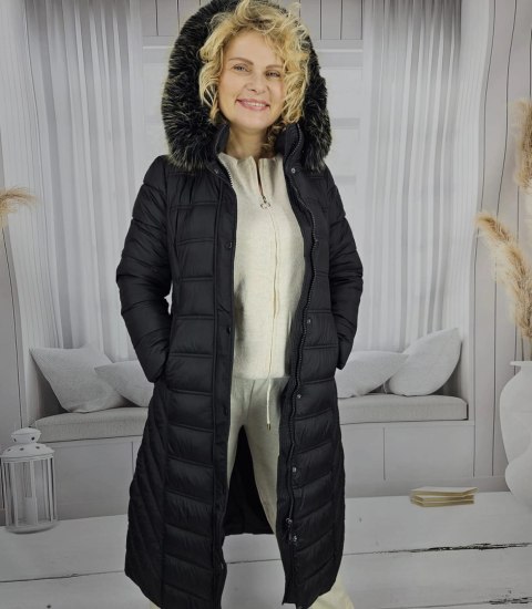 Długi pikowany płaszcz zimowy ciepły z kapturem kurtka ARCTICA (Czarny) Długi pikowany płaszcz zimowy ciepły z kapturem kurtka ARCTICA (Czarny)