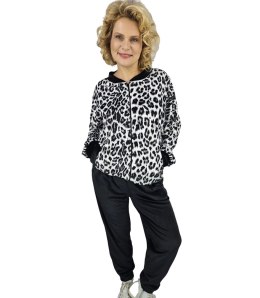 Dres spodnie bluza komplet welurowy cętki panterka LAWINIA (Czarny)