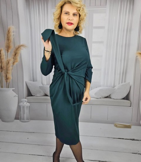 Elegancka ołowkowa sukienka midi z szarfą w pasie PAMELA (Zielony) Elegancka ołowkowa sukienka midi z szarfą w pasie PAMELA (Zielony)