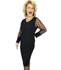Elegancka sukienka midi z tiulowymi rękawami w groszki SAMANTHA (Czarny) Elegancka sukienka midi z tiulowymi rękawami w groszki SAMANTHA (Czarny)