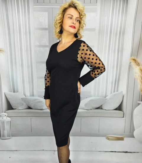 Elegancka sukienka midi z tiulowymi rękawami w groszki SAMANTHA (Czarny) Elegancka sukienka midi z tiulowymi rękawami w groszki SAMANTHA (Czarny)