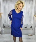 Elegancka sukienka midi z tiulowymi rękawami w groszki SAMANTHA (Niebieski) Elegancka sukienka midi z tiulowymi rękawami w groszki SAMANTHA (Niebieski)