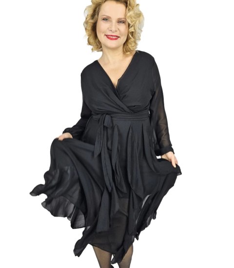 Elegancka sukienka rozkloszowany dół z falbankami midi ADELE (Czarny) Elegancka sukienka rozkloszowany dół z falbankami midi ADELE (Czarny)