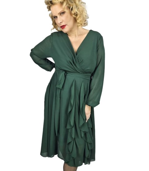 Elegancka sukienka rozkloszowany dół z falbankami midi ADELE (Zielony) Elegancka sukienka rozkloszowany dół z falbankami midi ADELE (Zielony)