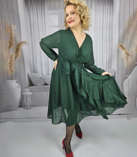 Elegancka sukienka rozkloszowany dół z falbankami midi ADELE (Zielony) Elegancka sukienka rozkloszowany dół z falbankami midi ADELE (Zielony)