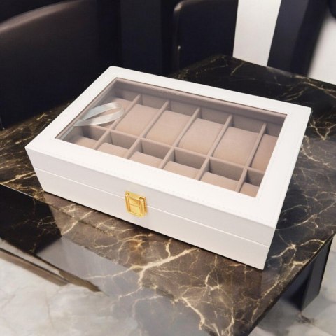 Szkatułka pudełko na zegarki na 12szt, biała ekoskóra 30 x 20 x 8cm PD154 Szkatułka pudełko na zegarki na 12szt, biała ekoskóra 30 x 20 x 8cm PD154