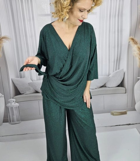 Elegancki komplet damski szerokie spodnie drapowana koszula STELLA (Zielony)