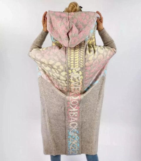 Długi kardigan sweter kolorowa panterka z wełną (Beżowy)