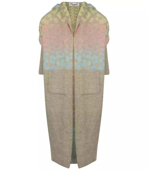 Długi kardigan sweter kolorowa panterka z wełną (Beżowy)