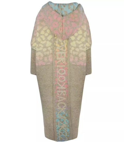 Długi kardigan sweter kolorowa panterka z wełną (Beżowy)