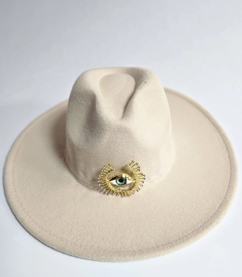 Elegancki damski kapelusz panama z ozdobną broszką "Oko Elegancji" (Beżowy) Elegancki damski kapelusz panama z ozdobną broszką "Oko Elegancji" (Beżowy)