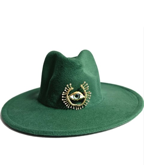 Elegancki damski kapelusz panama z ozdobną broszką "Oko Elegancji" (Zielony) Elegancki damski kapelusz panama z ozdobną broszką "Oko Elegancji" (Zielony)
