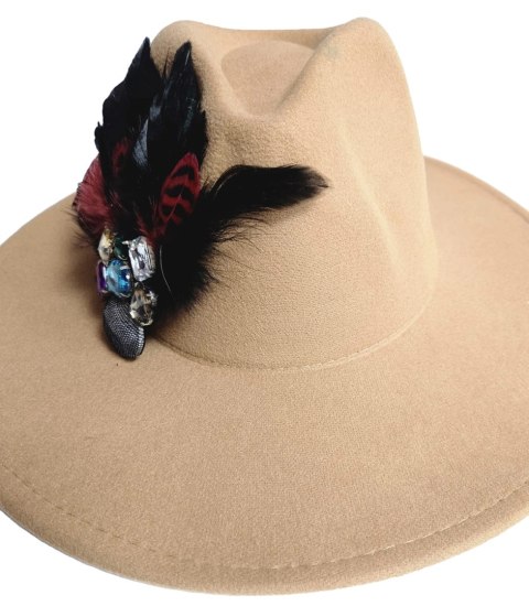 Elegancki damski kapelusz z dużą broszką z piórami i kolorowymi cyrkoniami (Beżowy) Elegancki damski kapelusz z dużą broszką z piórami i kolorowymi cyrkoniami (Beżowy)