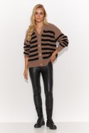 Sweter Damski Model S139 Cappuccino/Black - Makadamia - uniwersalny Sweter Damski Model S139 Cappuccino/Black - Makadamia - uniwersalny